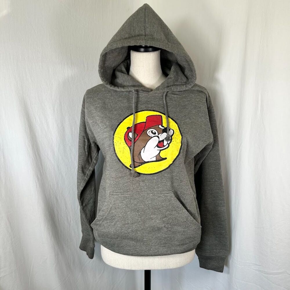 Buc-ees Hoodie Sweatshirt Fleece Long Sleeve Pullover Beaver Gray Adult Small